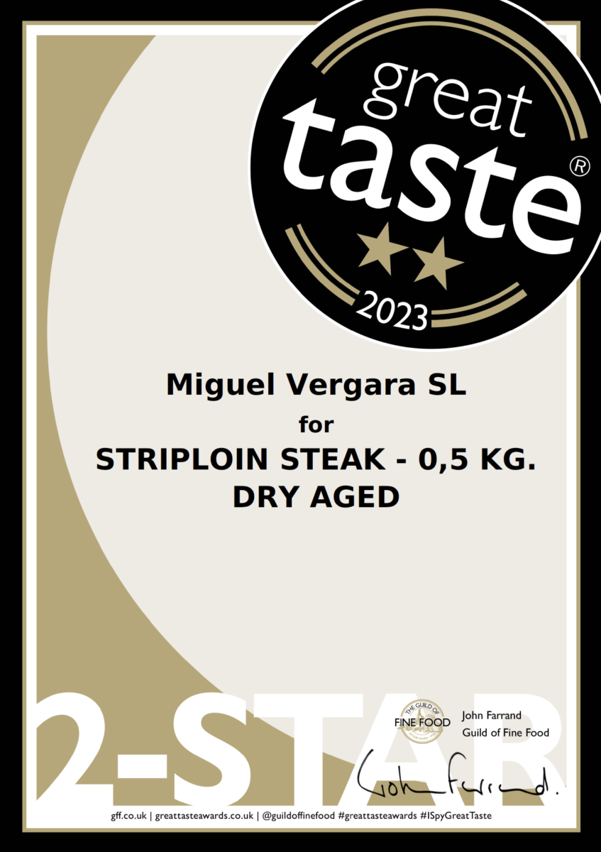 Certificado que acredita que el Grupo Miguel Vergara gano en 2023 el Great Taste Award con el lingote de lomo 